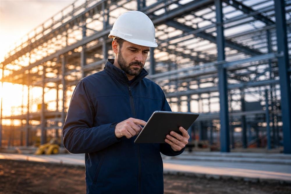 Ingegnere Metal Plus che verifica un progetto in cantiere