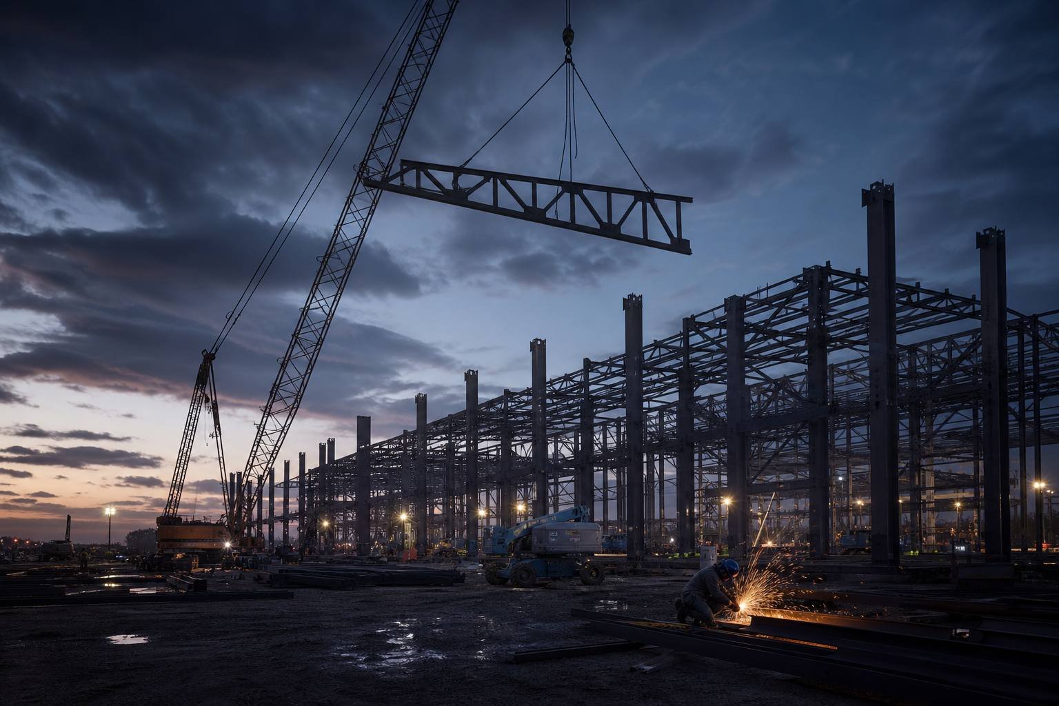 Struttura in acciaio in costruzione al tramonto con gru industriale