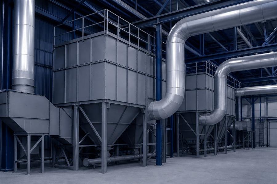 Sistema di filtraggio industriale con tubazioni in acciaio